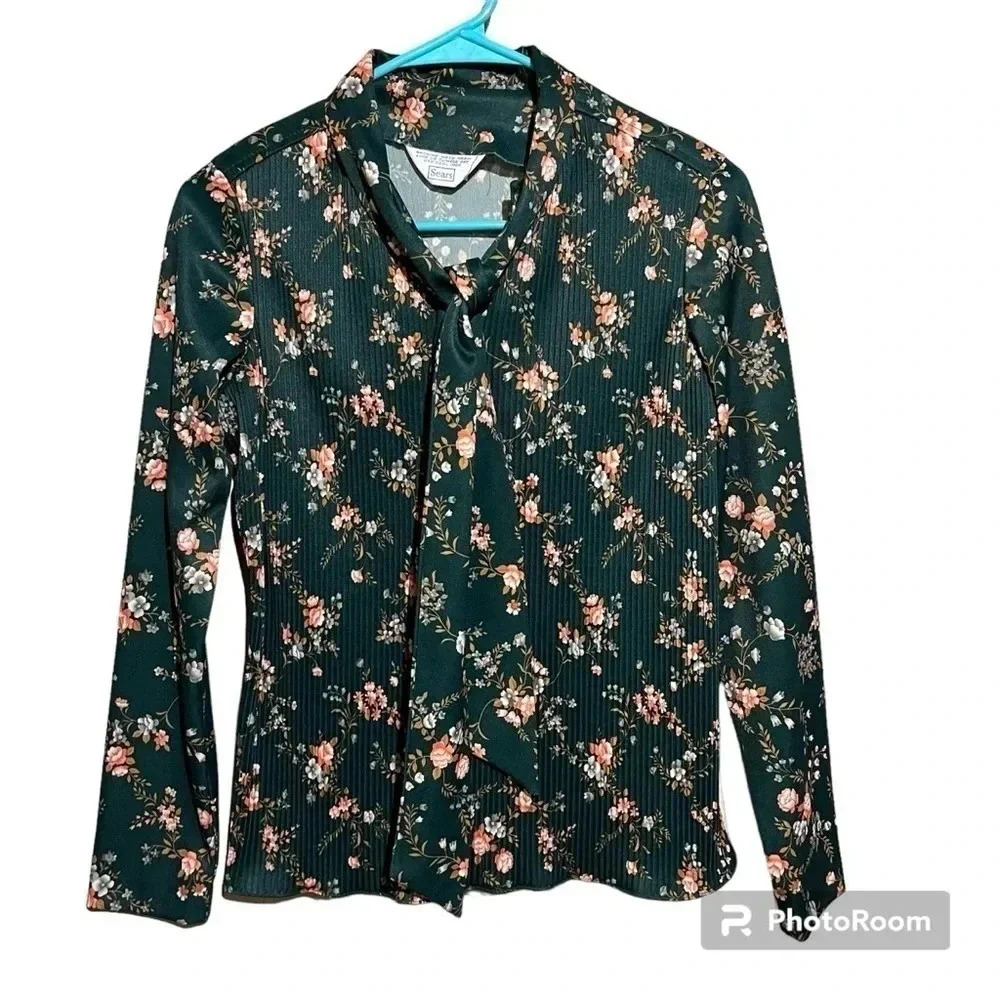 Vintage SEARS Green Floral Bow Tie Front Blouse Top ~ Size S